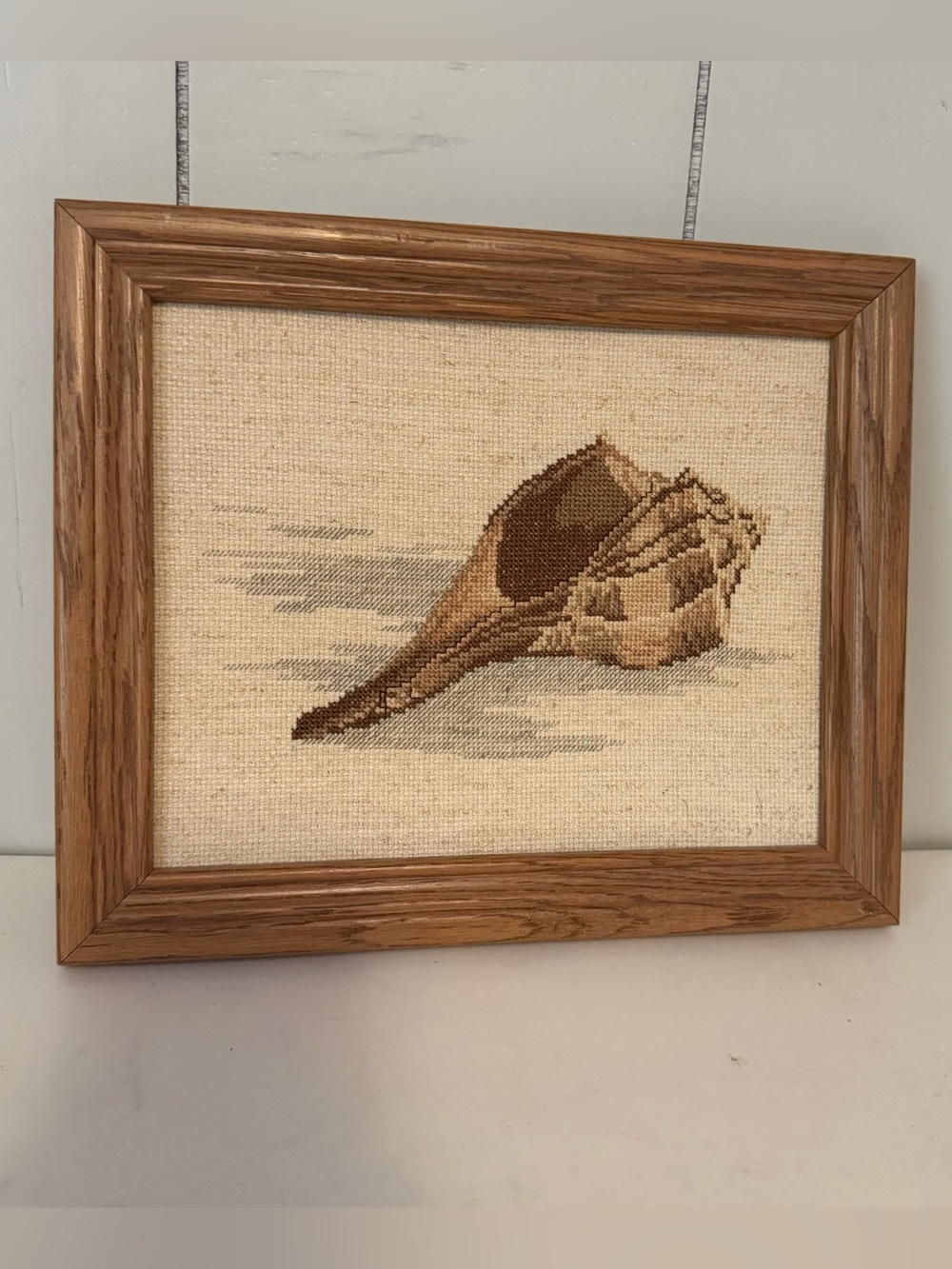 Vintage 1987 Seashell Cross Stitch Wood Framed Wall Art 9.5β X 11.5β Cottage